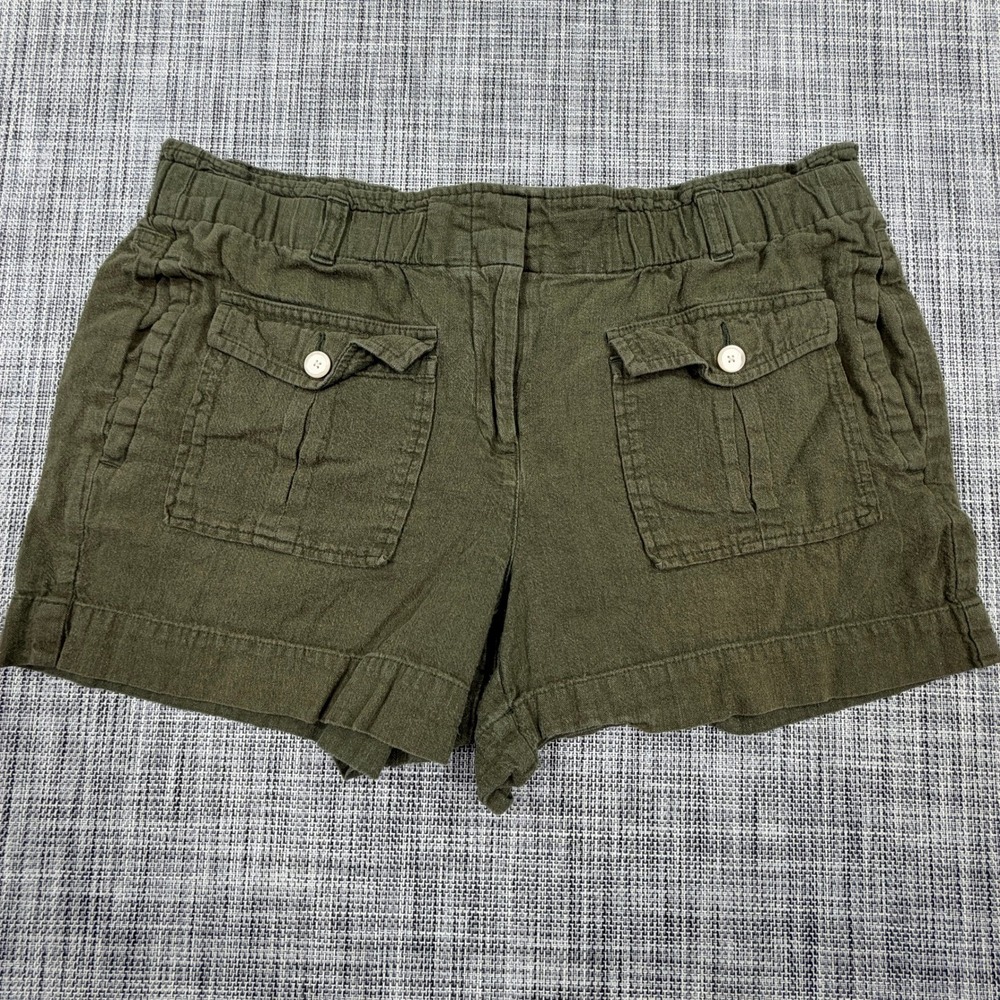 LOFT Womens M Olive Green Linen Cotton Utility Shorts Flap Pockets Belt Loops